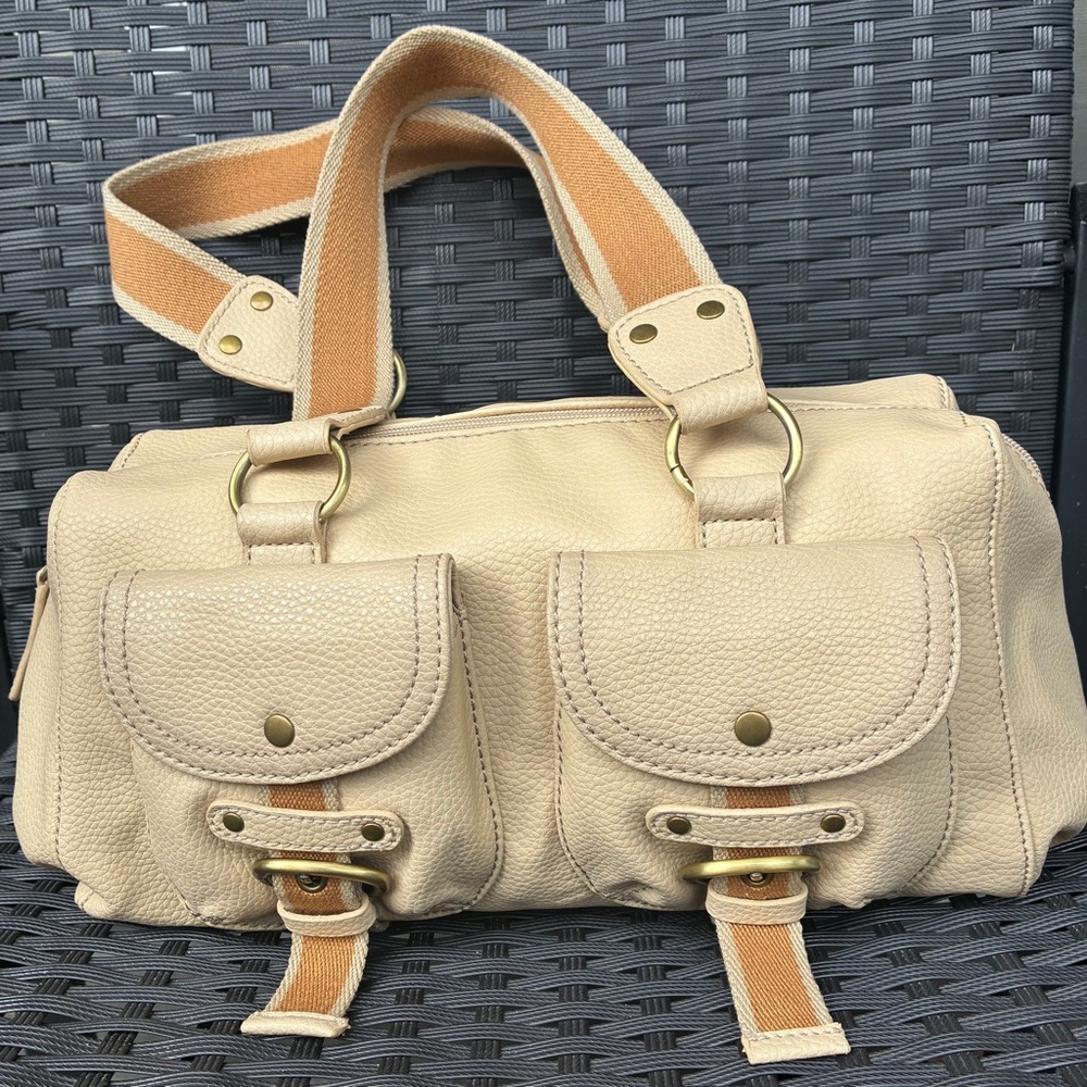 Tommy Hilfiger Cream Leather Double-Pocket Shoulder Bag